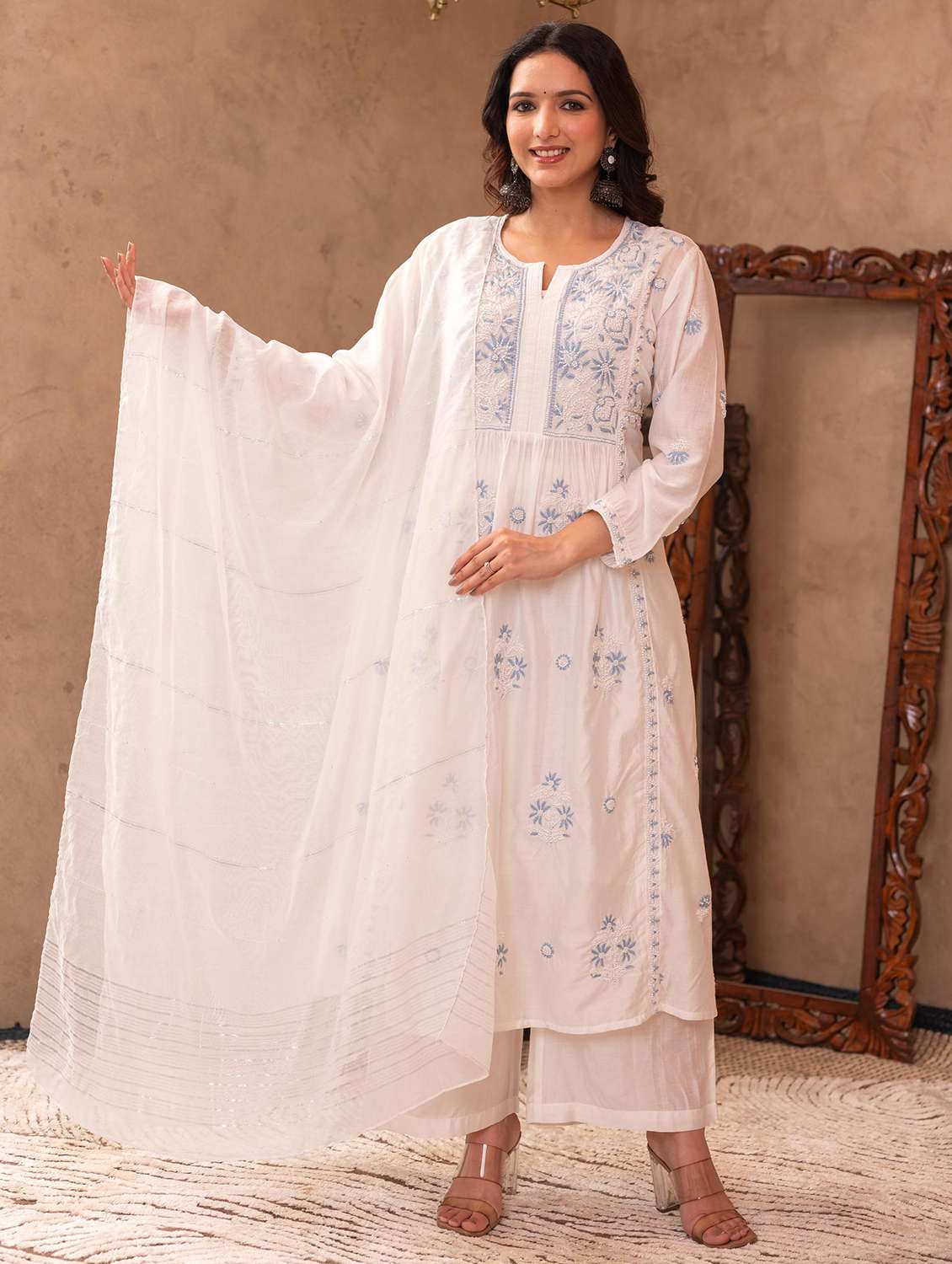 women three quarter sleeve kurta palazzo with dupatta set - 22014545 -  Zoom Image - 0
