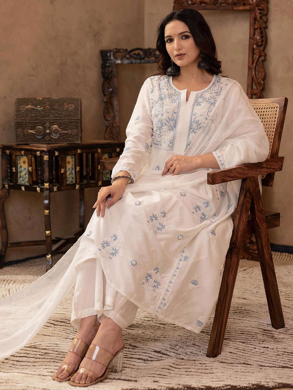 women three quarter sleeve kurta palazzo with dupatta set - 22014545 - Standard Image - 3