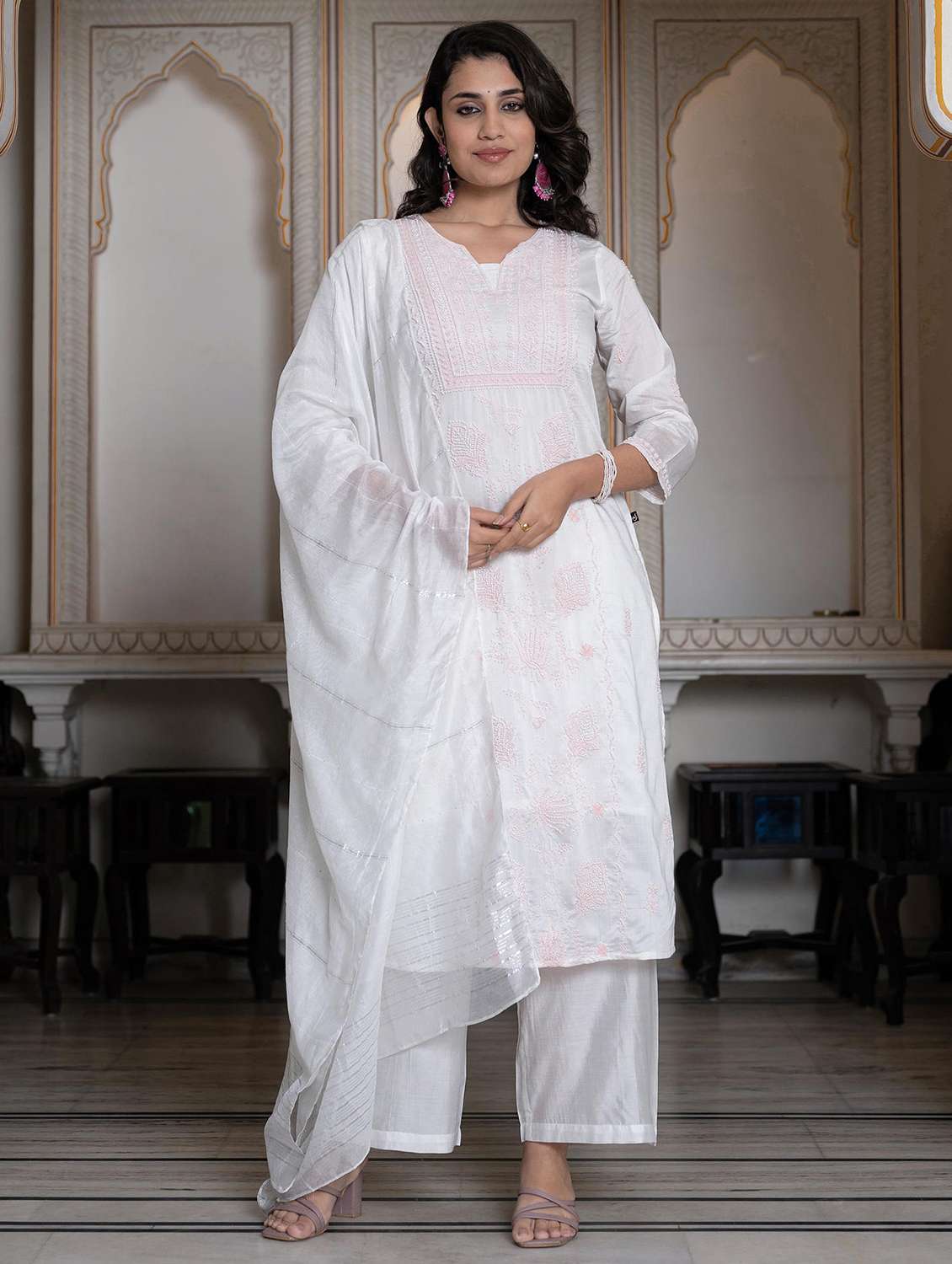 women three quarter sleeve kurta palazzo with dupatta set