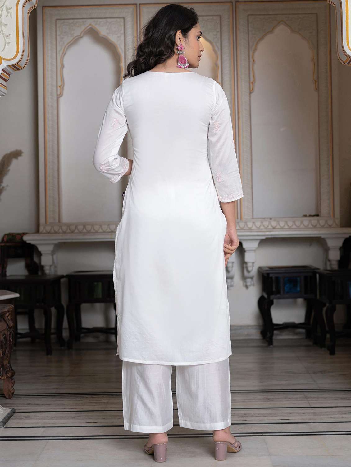 women three quarter sleeve kurta palazzo with dupatta set - 22014546 -  Standard Image - 3