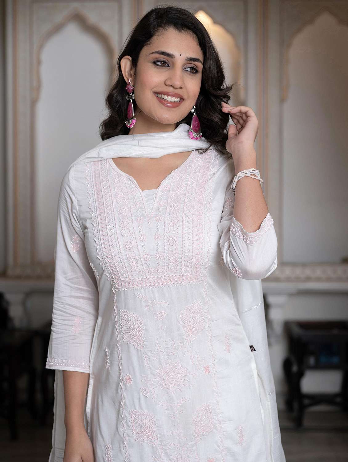 women three quarter sleeve kurta palazzo with dupatta set - 22014546 -  Standard Image - 5
