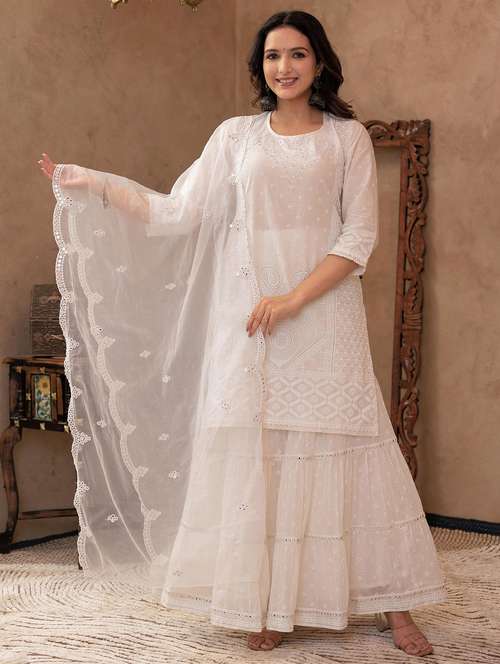 women three quarter sleeve kurta sharara with dupatta set - 22014572 - Standard Image - 0