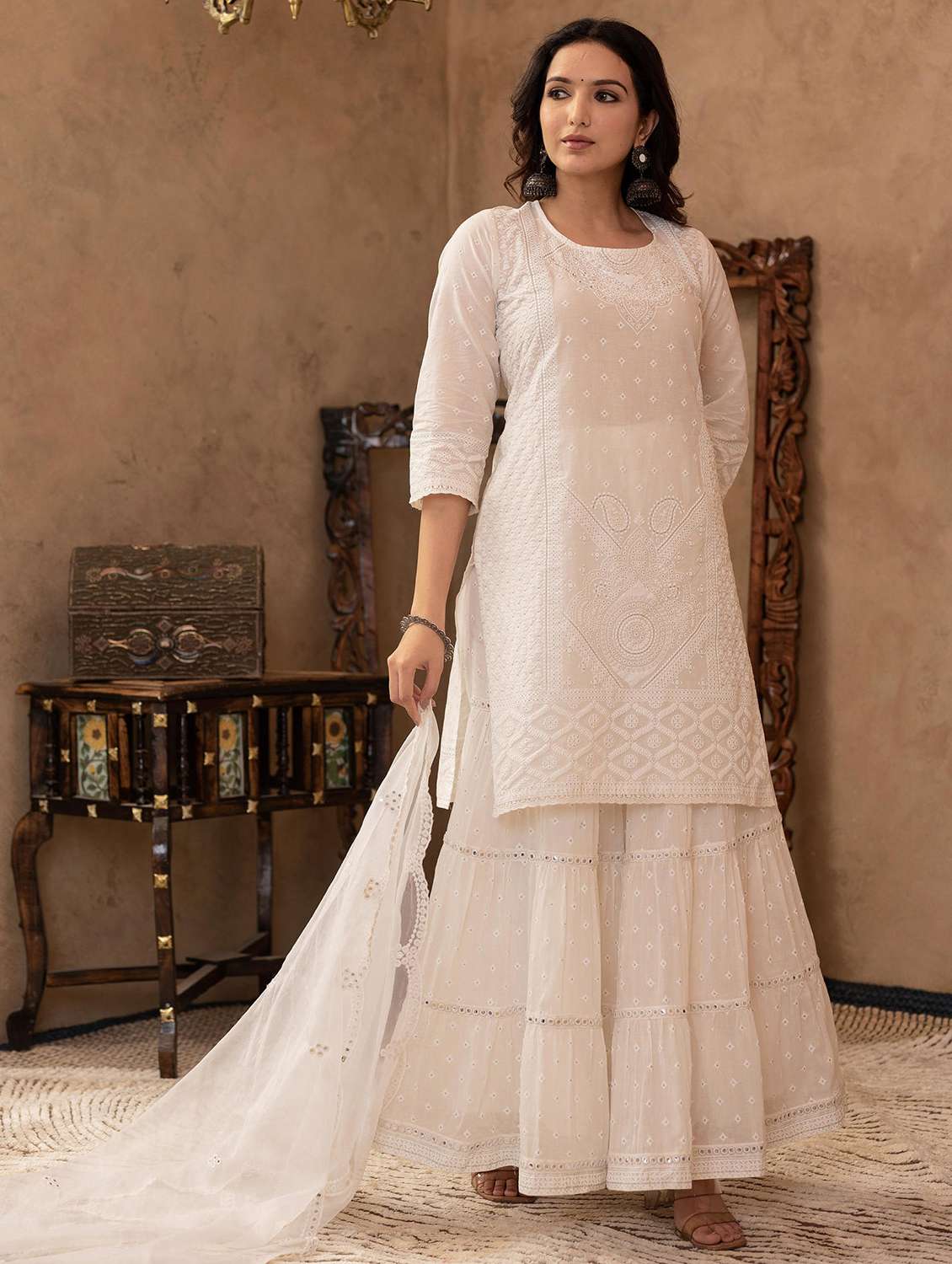 women three quarter sleeve kurta sharara with dupatta set - 22014572 - Standard Image - 3