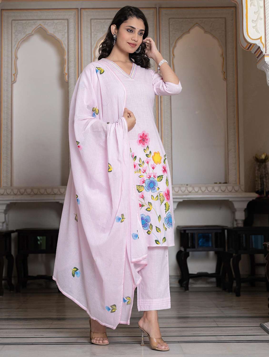 women three quarter sleeve kurta pant with dupatta set