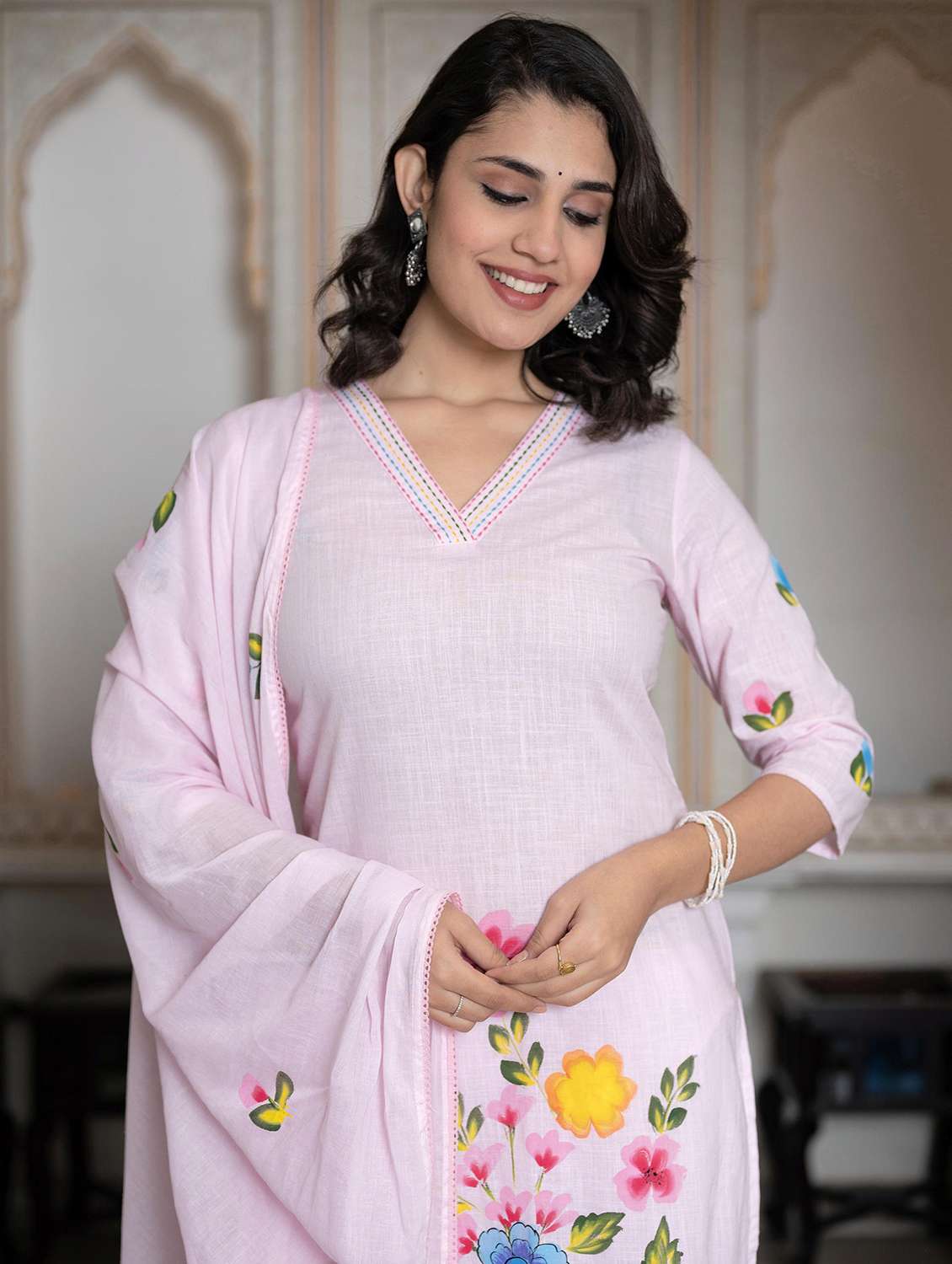 women three quarter sleeve kurta pant with dupatta set - 22014573 - Standard Image - 5