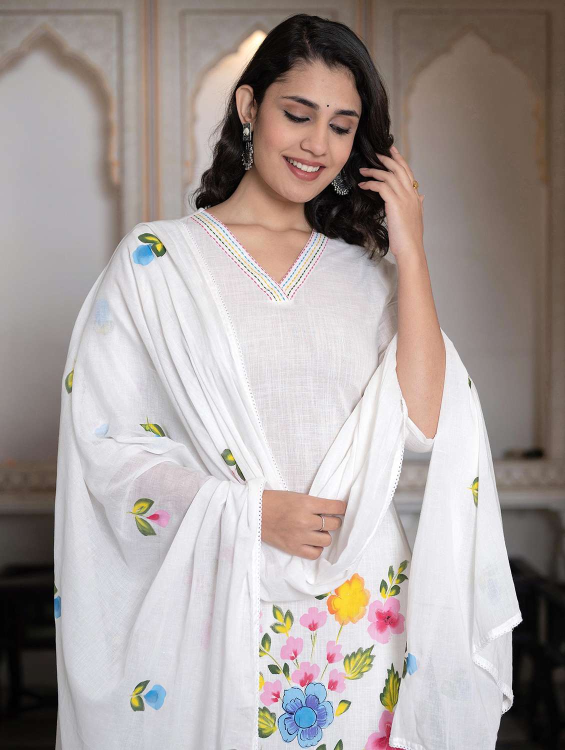 women three quarter sleeve kurta pant with dupatta set - 22014574 - Standard Image - 5