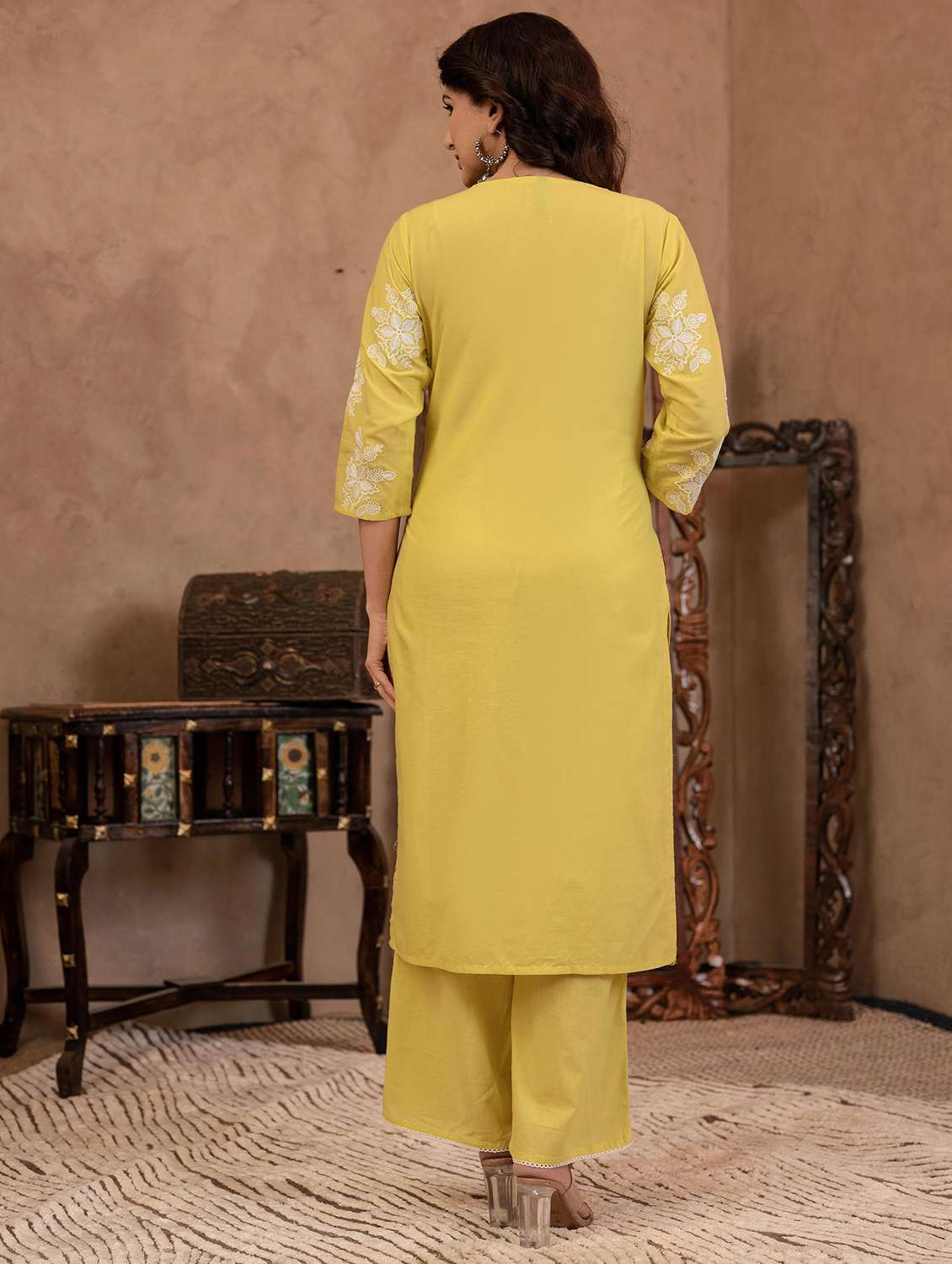 women embroidered three quarter sleeve kurta pant set - 22014579 - Standard Image - 3