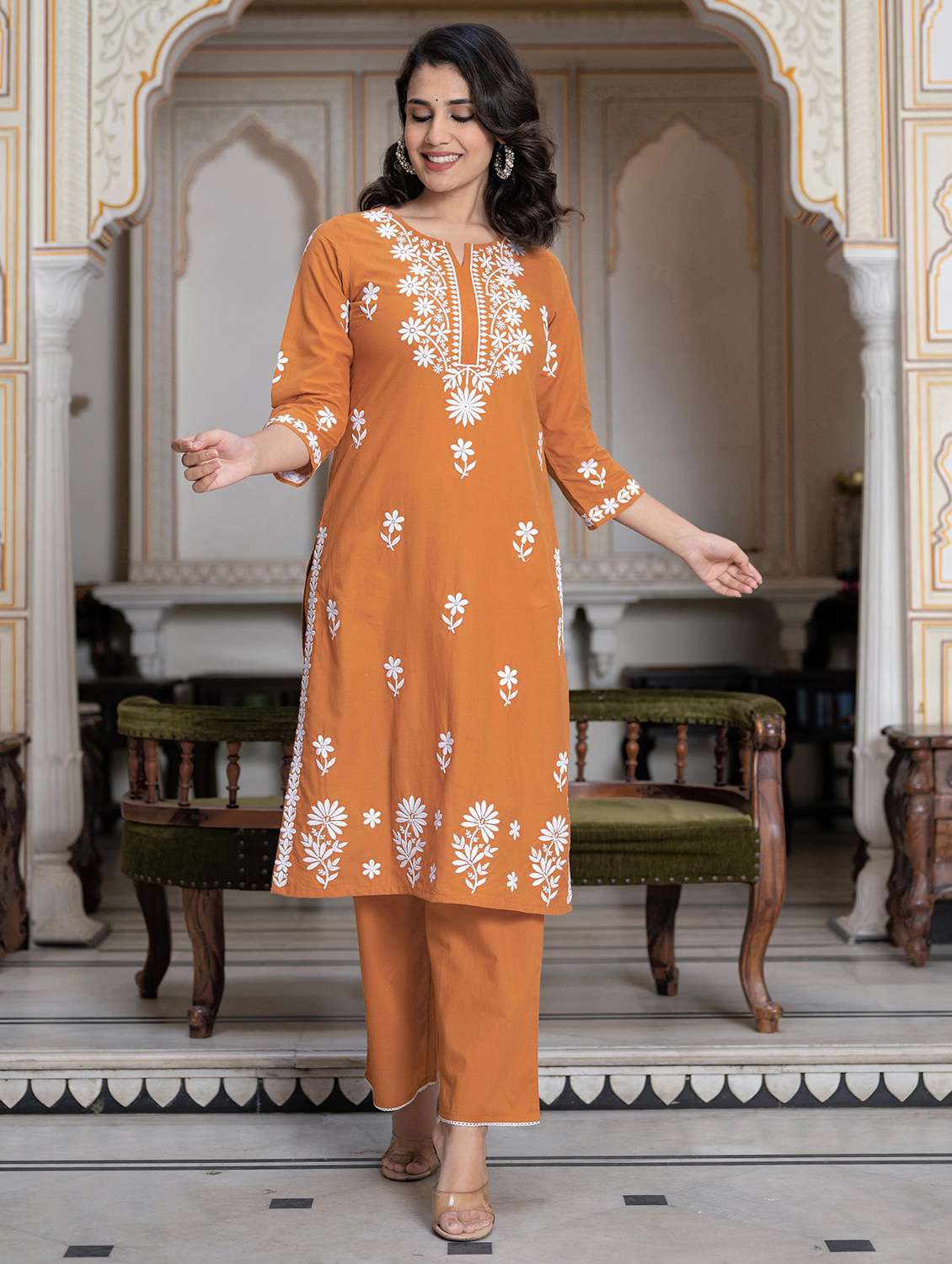 women embroidered three quarter sleeve kurta palazzo set - 22014583 - Zoom Image - 0