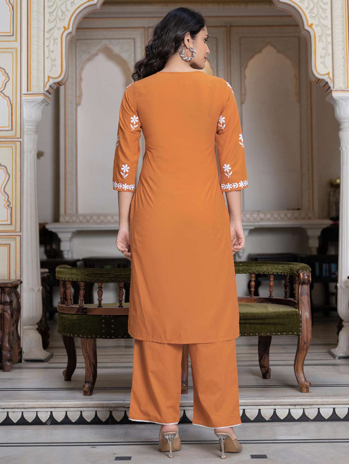 women embroidered three quarter sleeve kurta palazzo set - 22014583 - Standard Image - 3