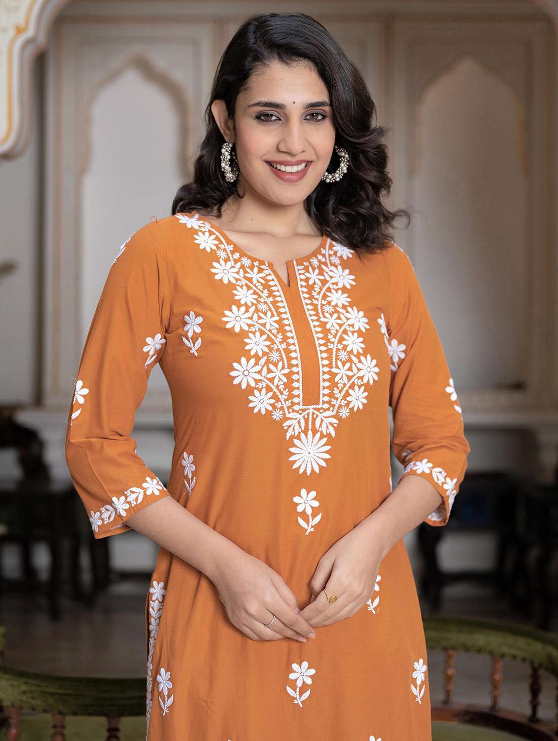 women embroidered three quarter sleeve kurta palazzo set - 22014583 - Standard Image - 5