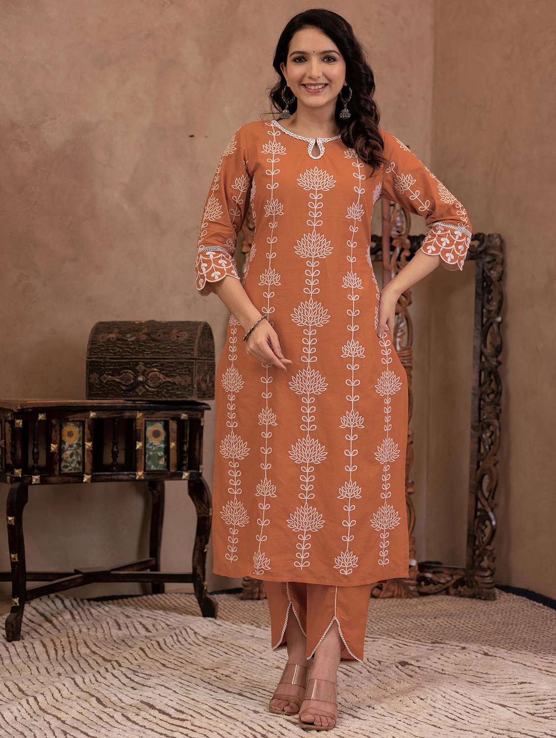 women embroidered three quarter sleeve kurta pant set