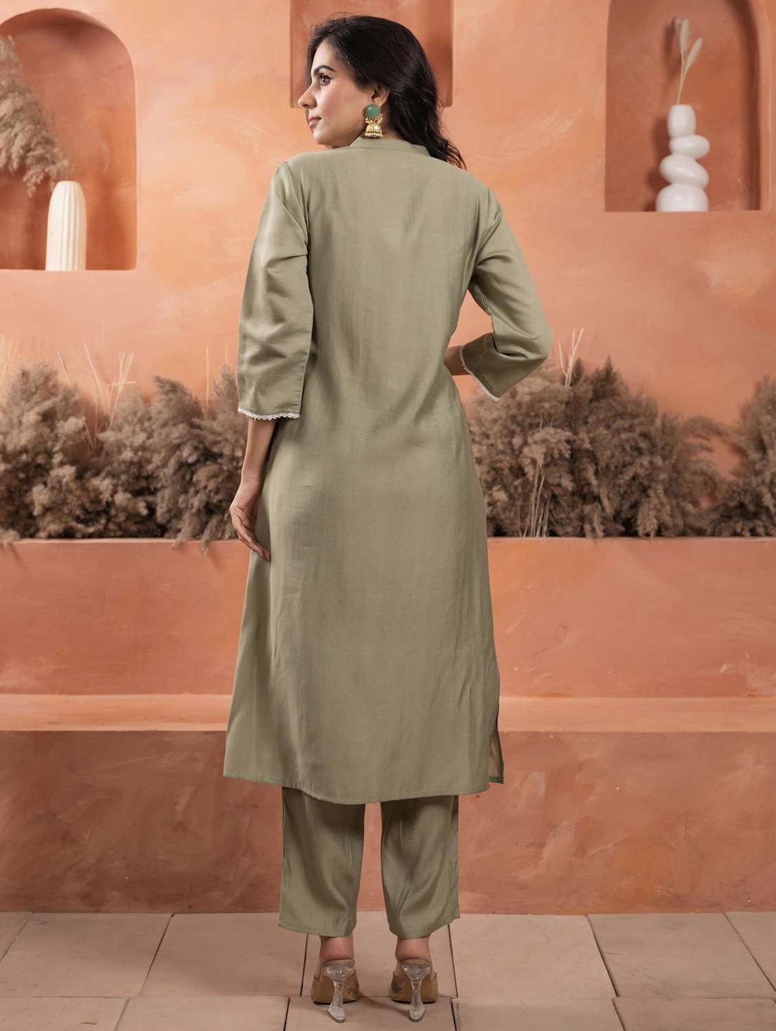 women embroidered three quarter sleeve kurta pant set - 22014595 - Standard Image - 3