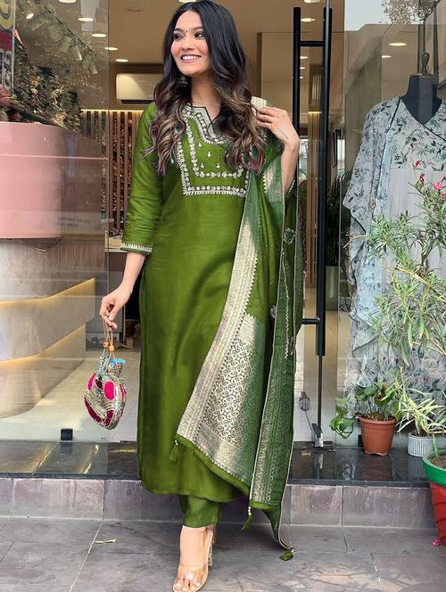 women embroidered three quarter sleeve kurta pant with dupatta set - 22014599 - Standard Image - 0