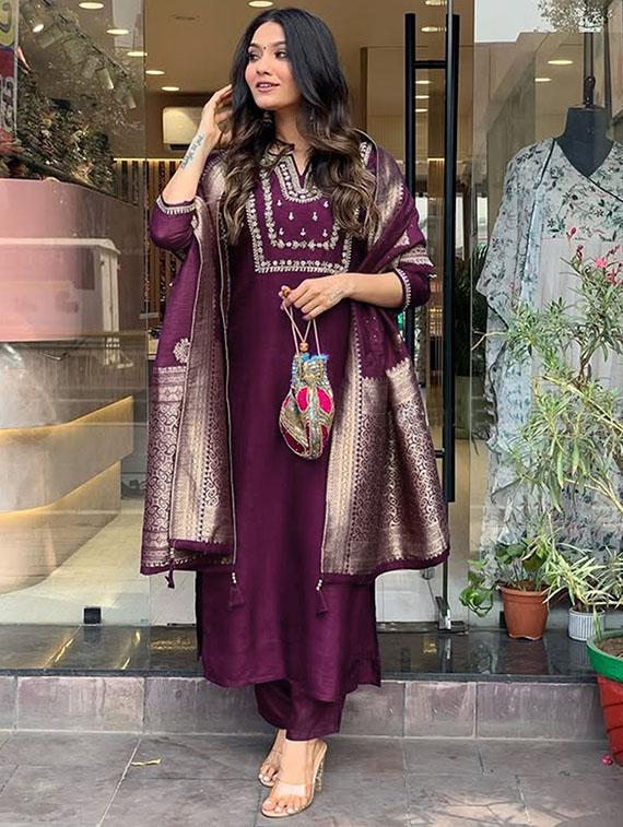 women embroidered three quarter sleeve kurta pant with dupatta set - 22014600 - Standard Image - 3