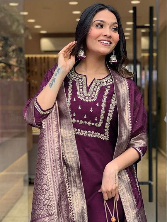 women embroidered three quarter sleeve kurta pant with dupatta set - 22014600 - Standard Image - 5