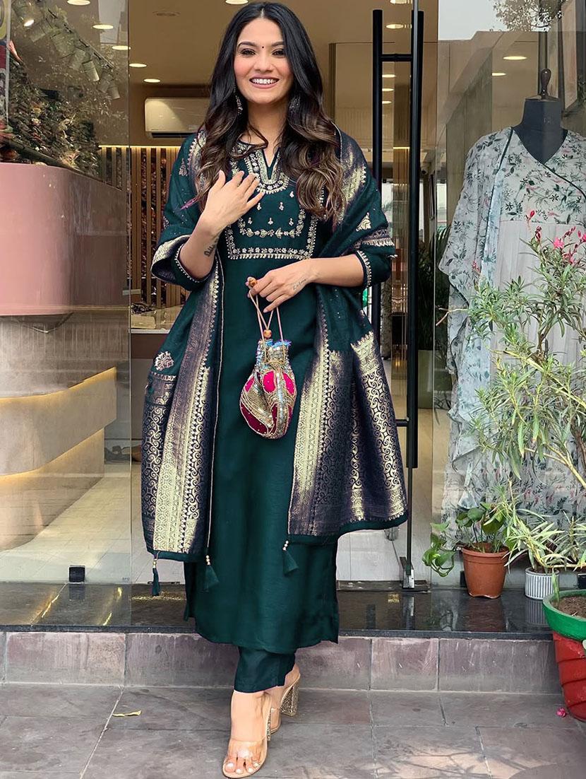 women embroidered three quarter sleeve kurta pant with dupatta set