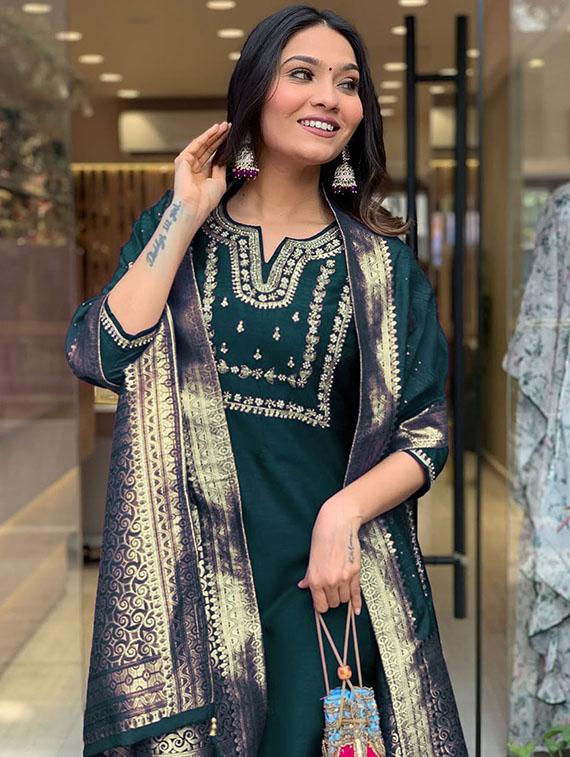 women embroidered three quarter sleeve kurta pant with dupatta set - 22014601 - Standard Image - 5
