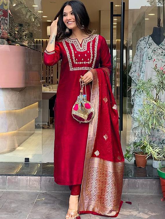 women embroidered three quarter sleeve kurta pant with dupatta set - 22014602 - Standard Image - 3