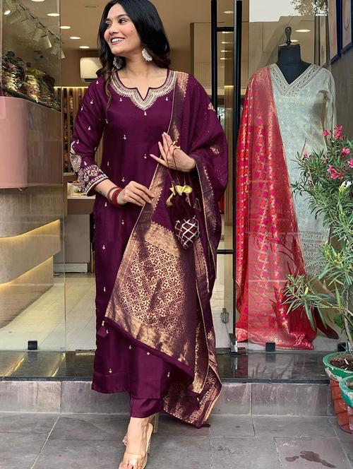 women embroidered three quarter sleeve kurta pant with dupatta set - 22014609 - Standard Image - 0