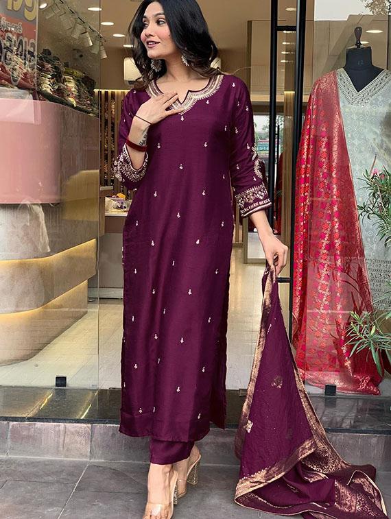 women embroidered three quarter sleeve kurta pant with dupatta set - 22014609 - Standard Image - 3