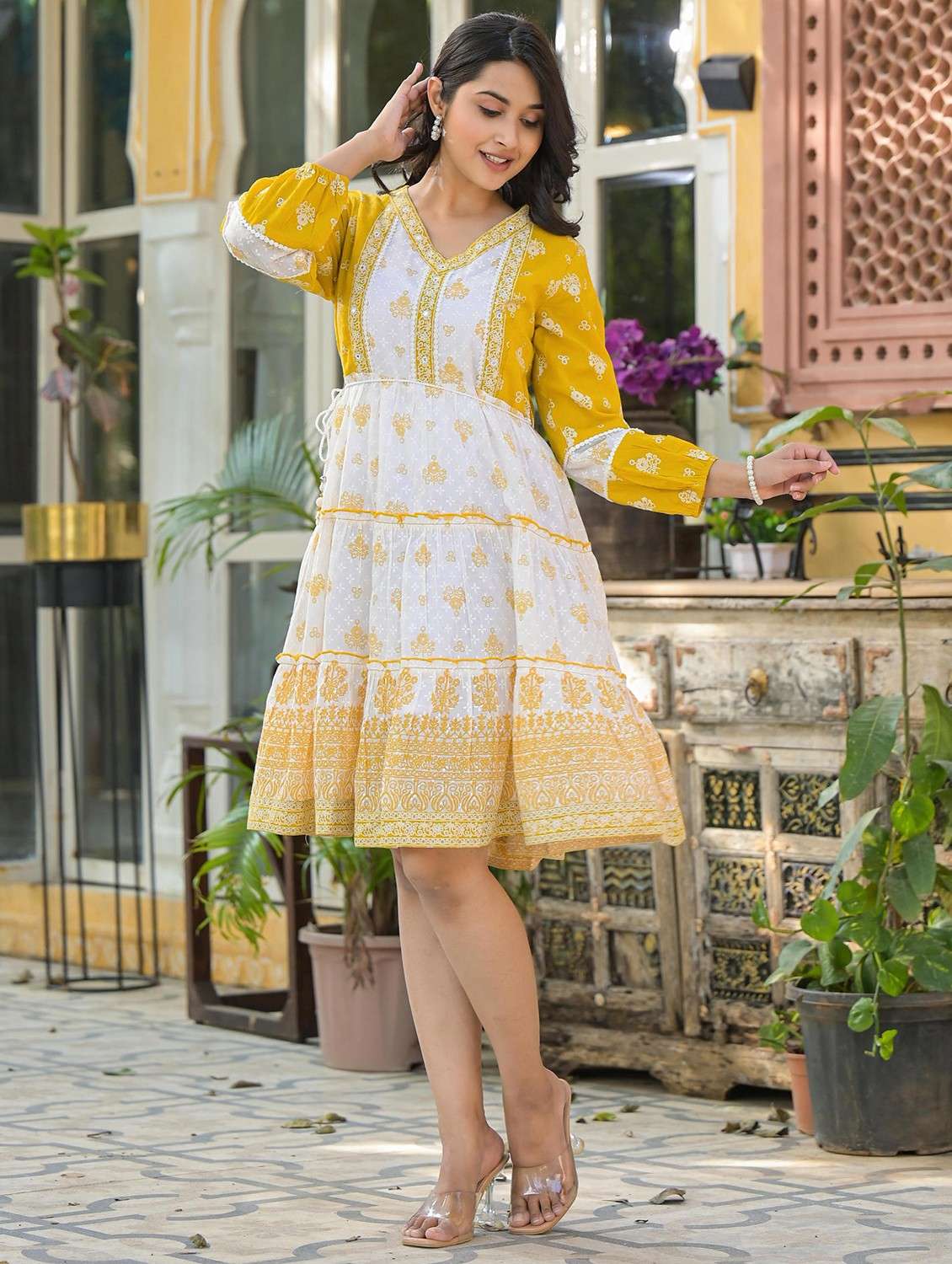 women printed three quarter sleeve tiered kurta