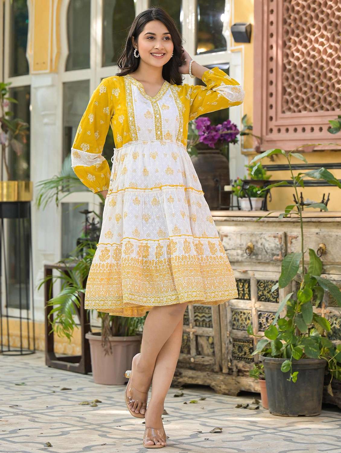 women printed three quarter sleeve tiered kurta - 22014634 -  Standard Image - 3