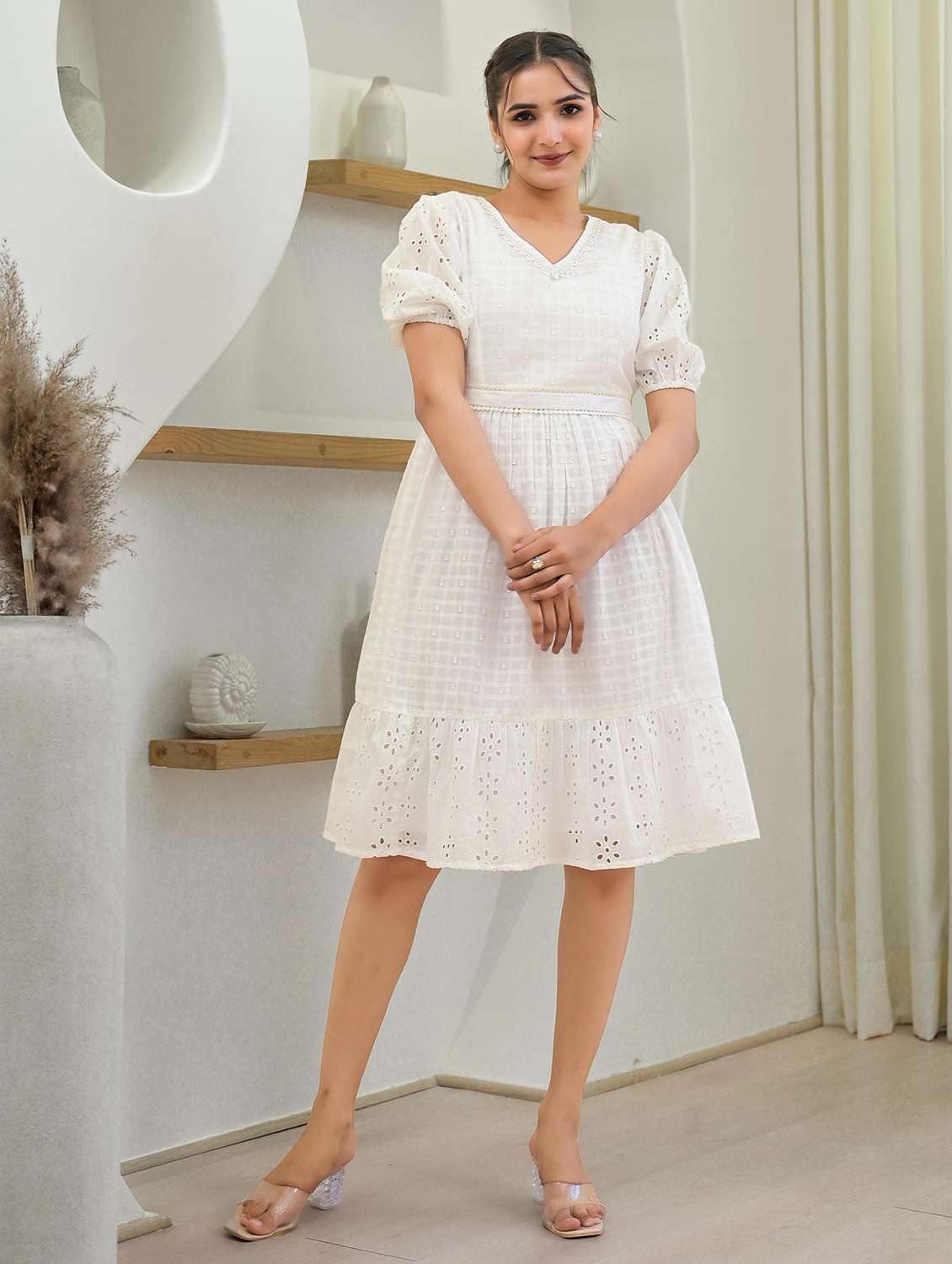 women self design v neck tiered ethnic dress - 22014640 - Zoom Image - 0