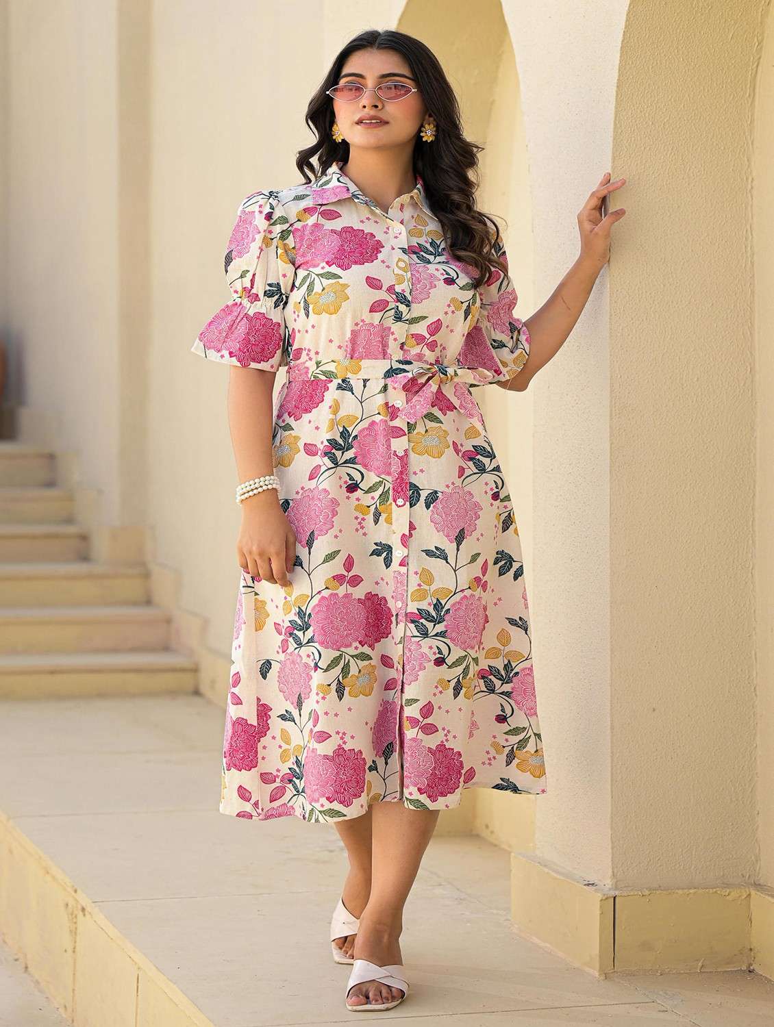 women floral printed puff sleeve a-line ethnic dress - 22014642 -  Standard Image - 3