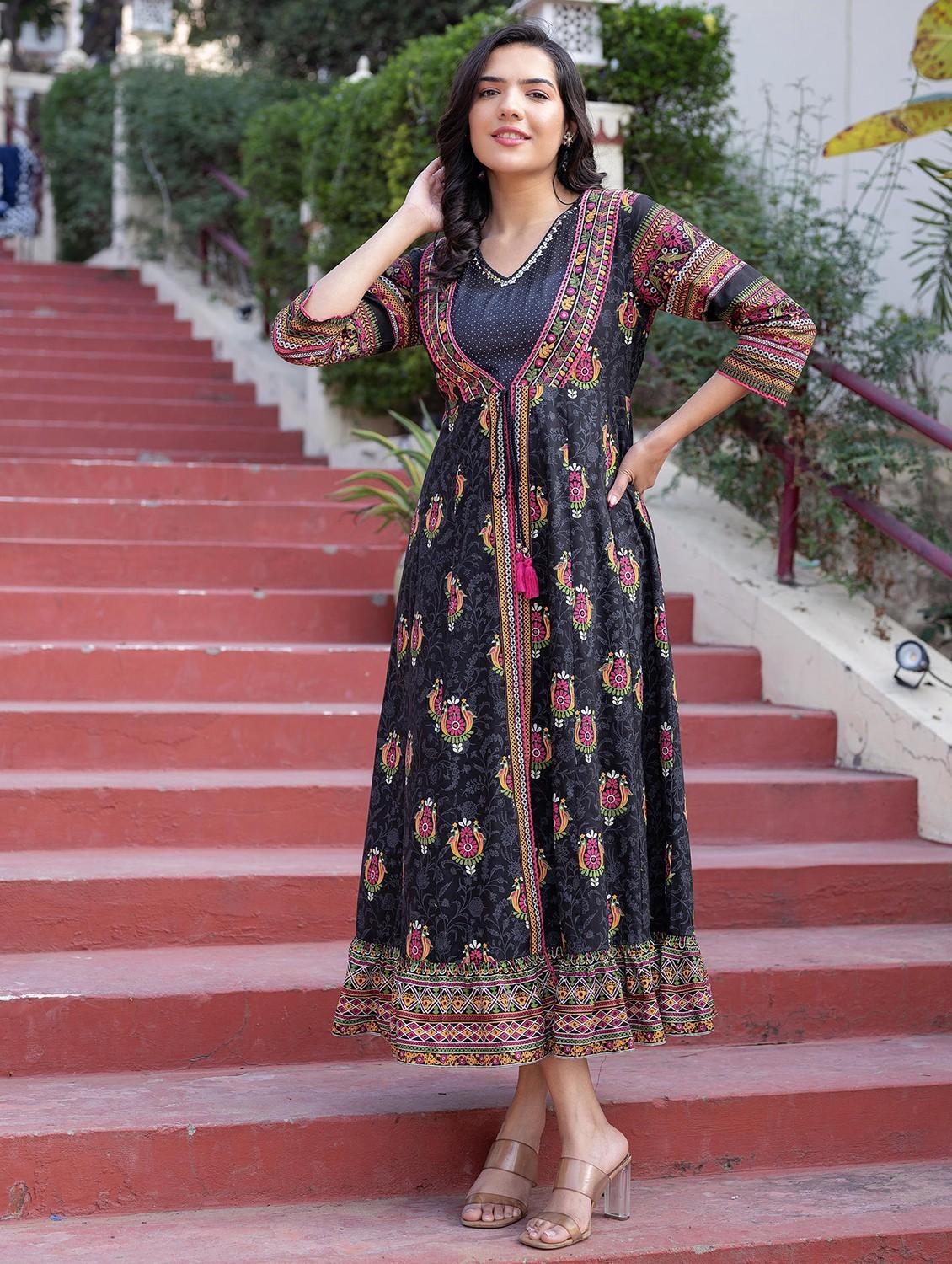 women printed v neck layered ethnic dress - 22014645 - Zoom Image - 0