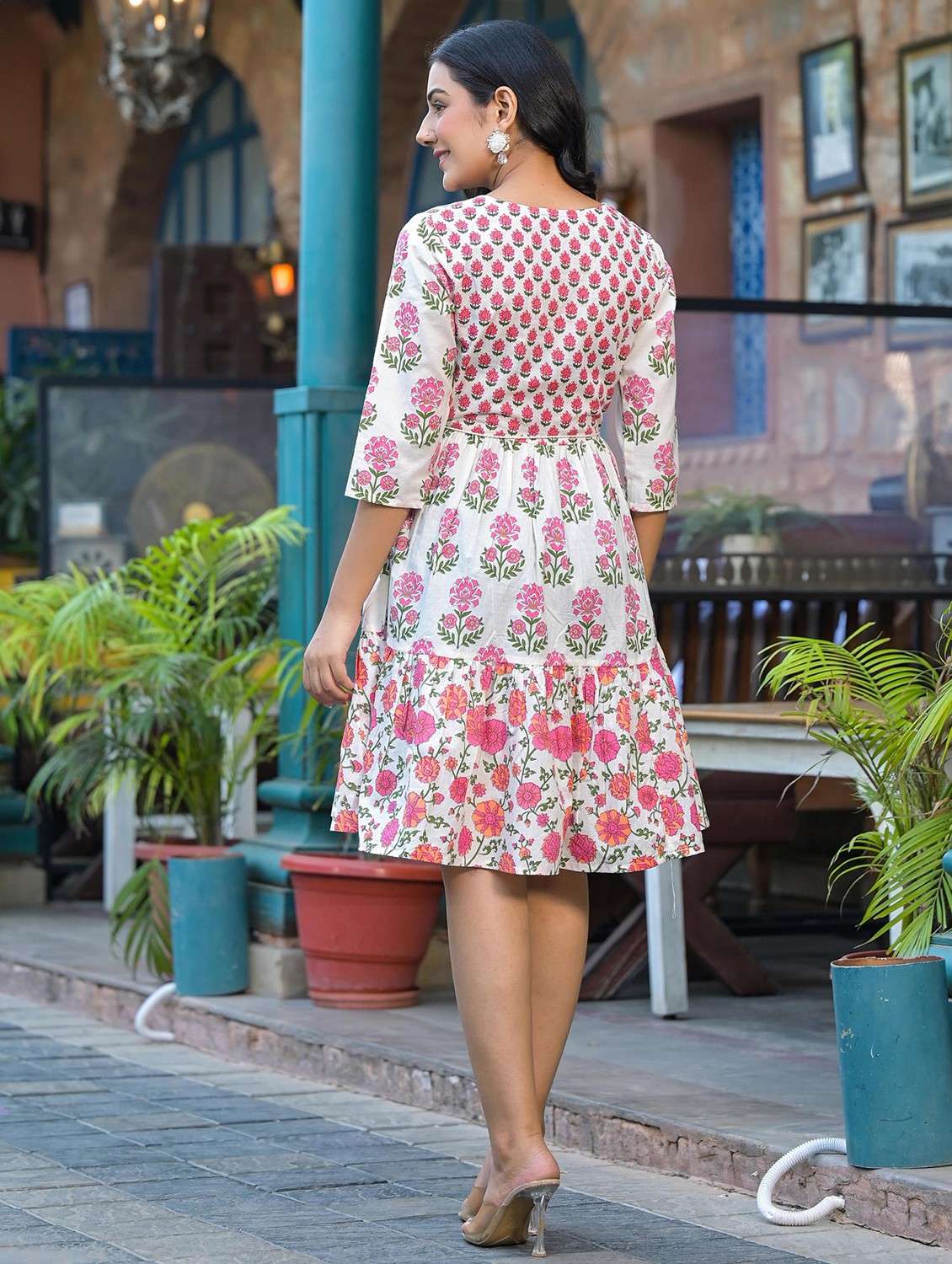 women floral printed round neck tiered ethnic dress - 22014651 -  Standard Image - 3