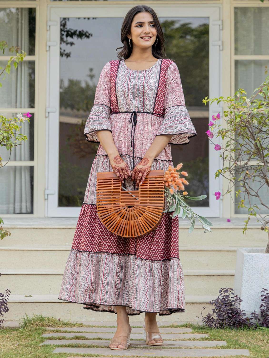 women printed round neck tiered ethnic dress - 22014652 -  Standard Image - 3