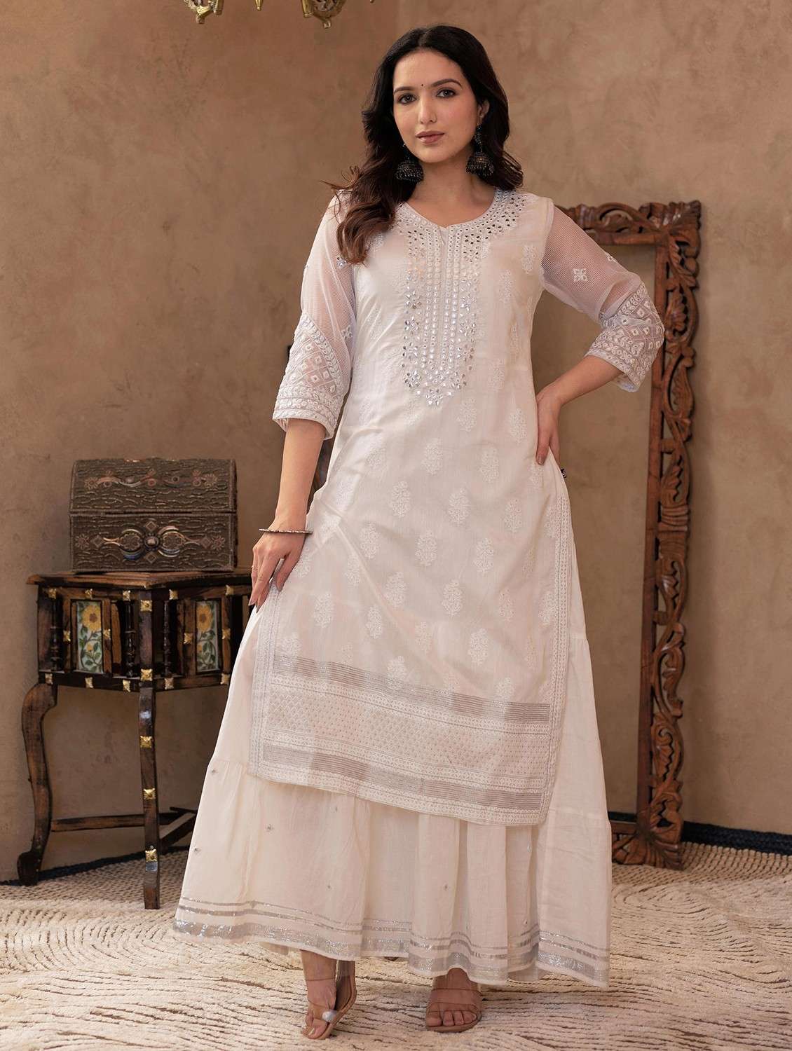 women embroidered three quarter sleeve ethnic dress