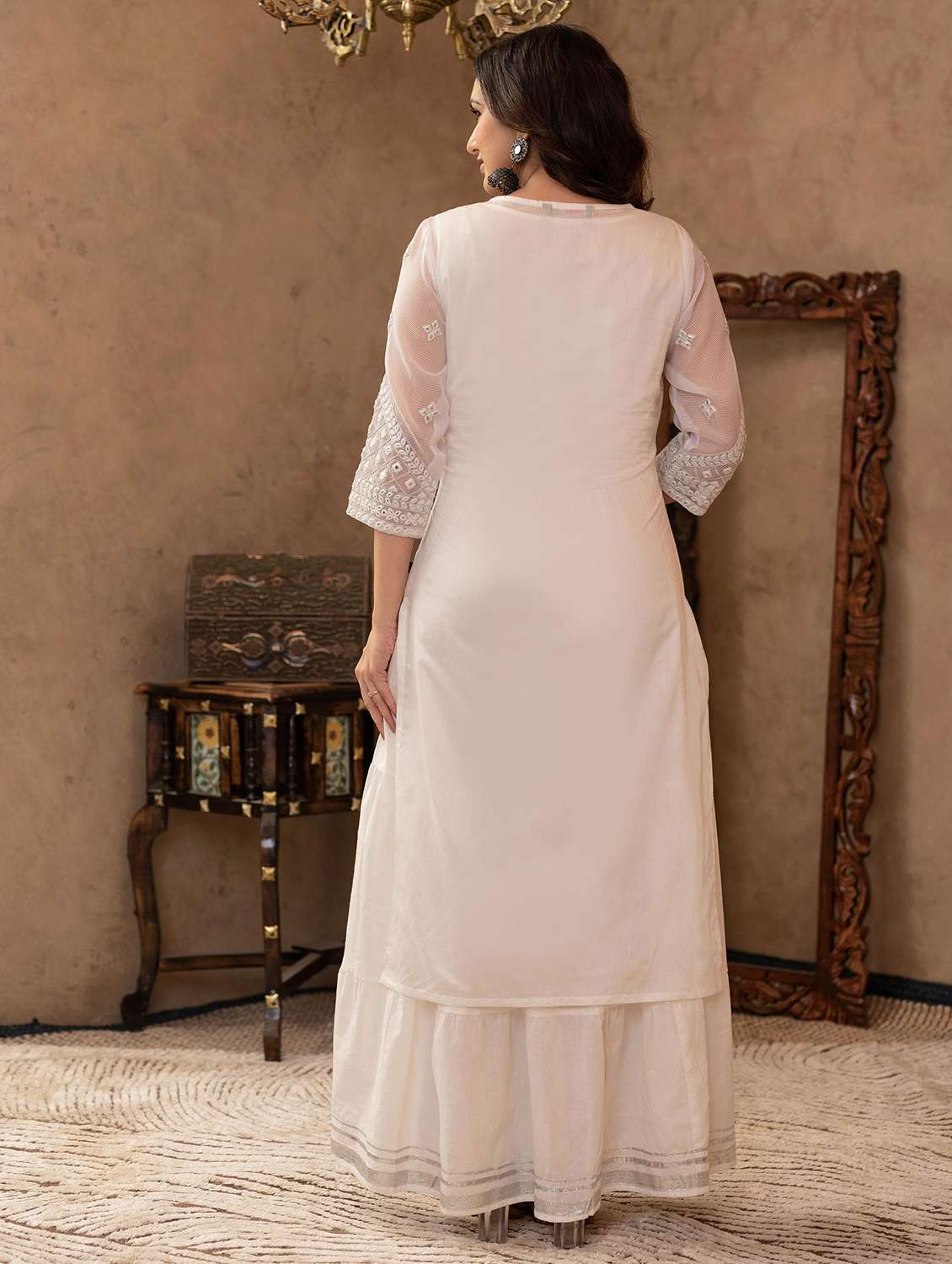 women embroidered three quarter sleeve ethnic dress - 22014660 -  Standard Image - 3