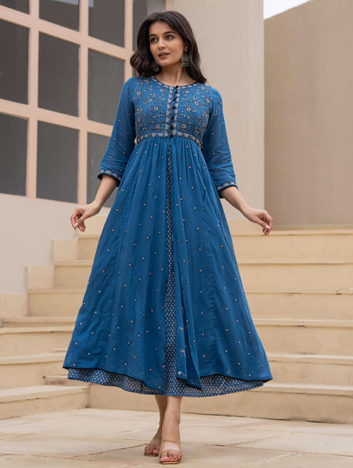 women embroidered three quarter sleeve ethnic dress - 22014664 -  Zoom Image - 0