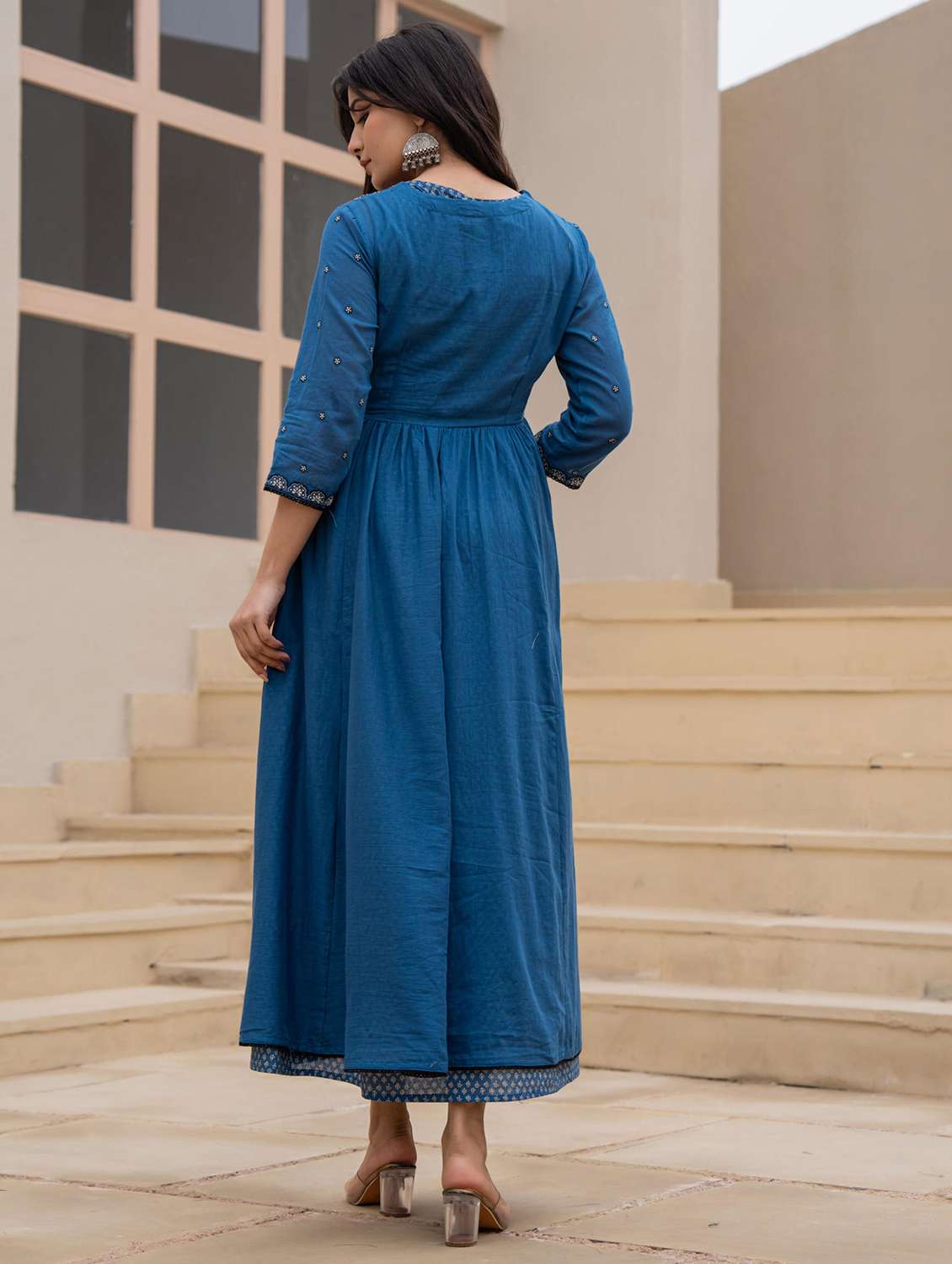 women embroidered three quarter sleeve ethnic dress - 22014664 -  Standard Image - 3