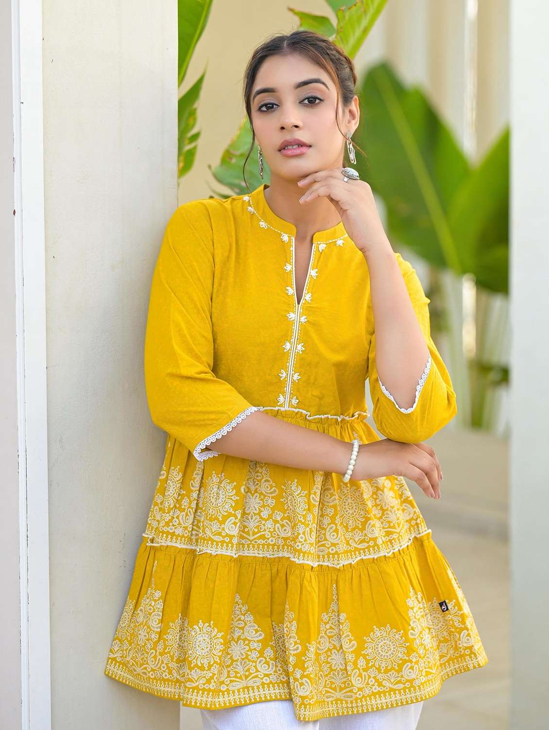 women embroidered three quarter sleeve tiered tunic 