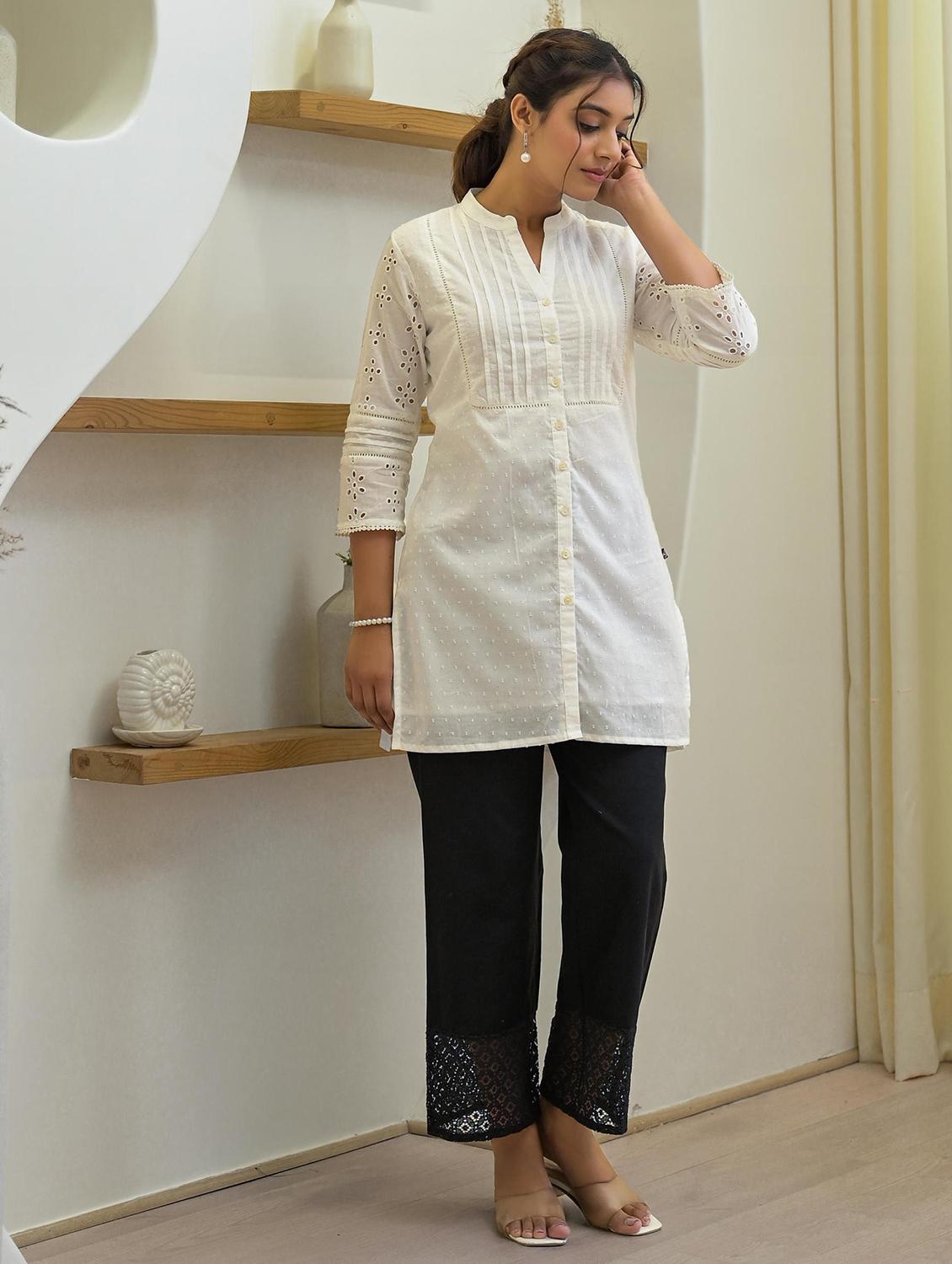 women self design three quarter sleeve straight kurti - 22014675 - Standard Image - 3