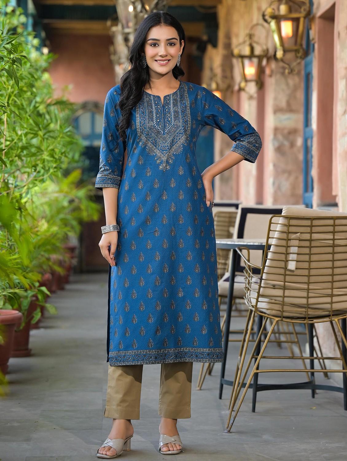 women printed three quarter sleeve straight kurta - 22014679 - Zoom Image - 0