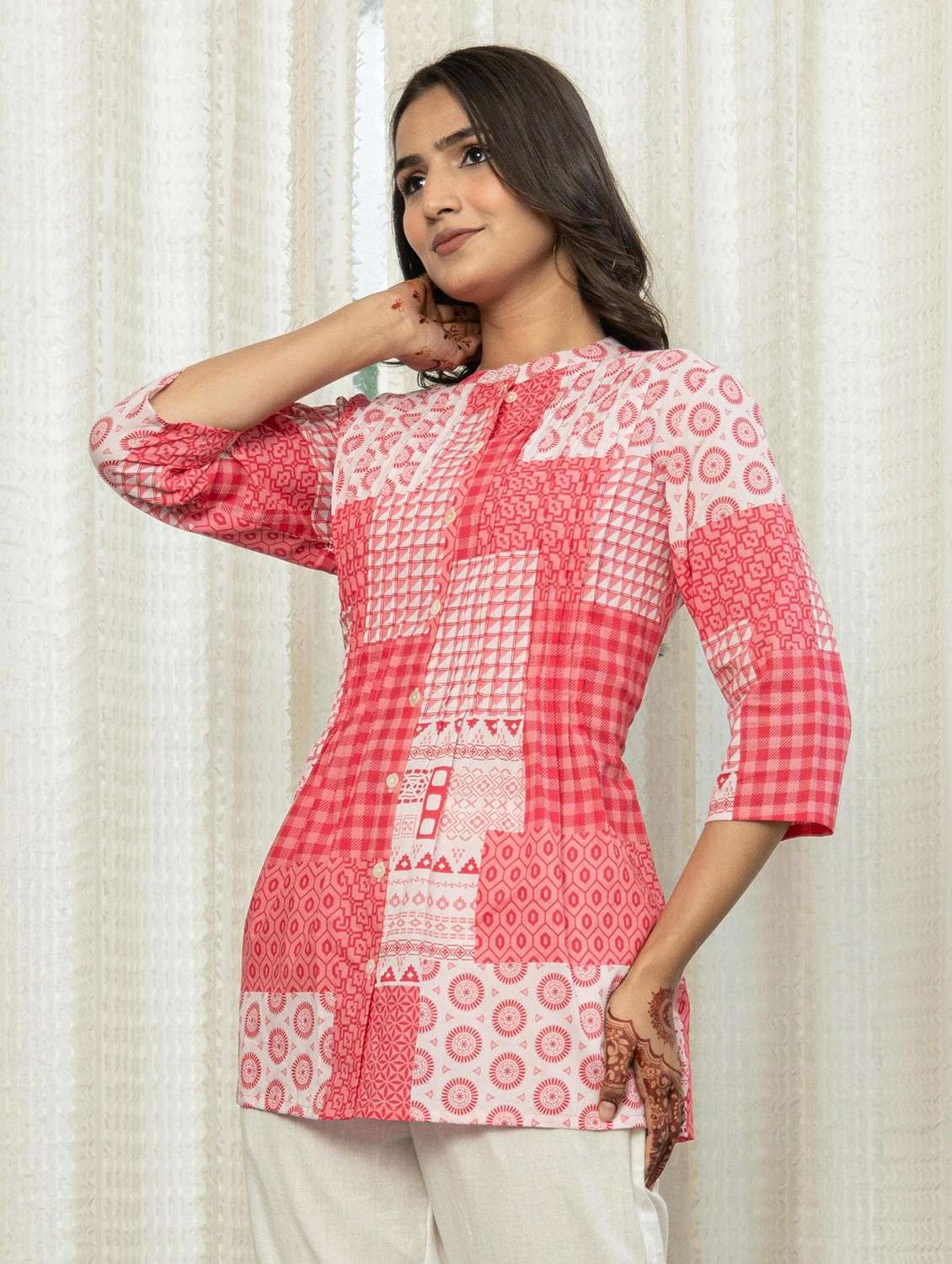 women printed three quarter sleeve a-line kurti