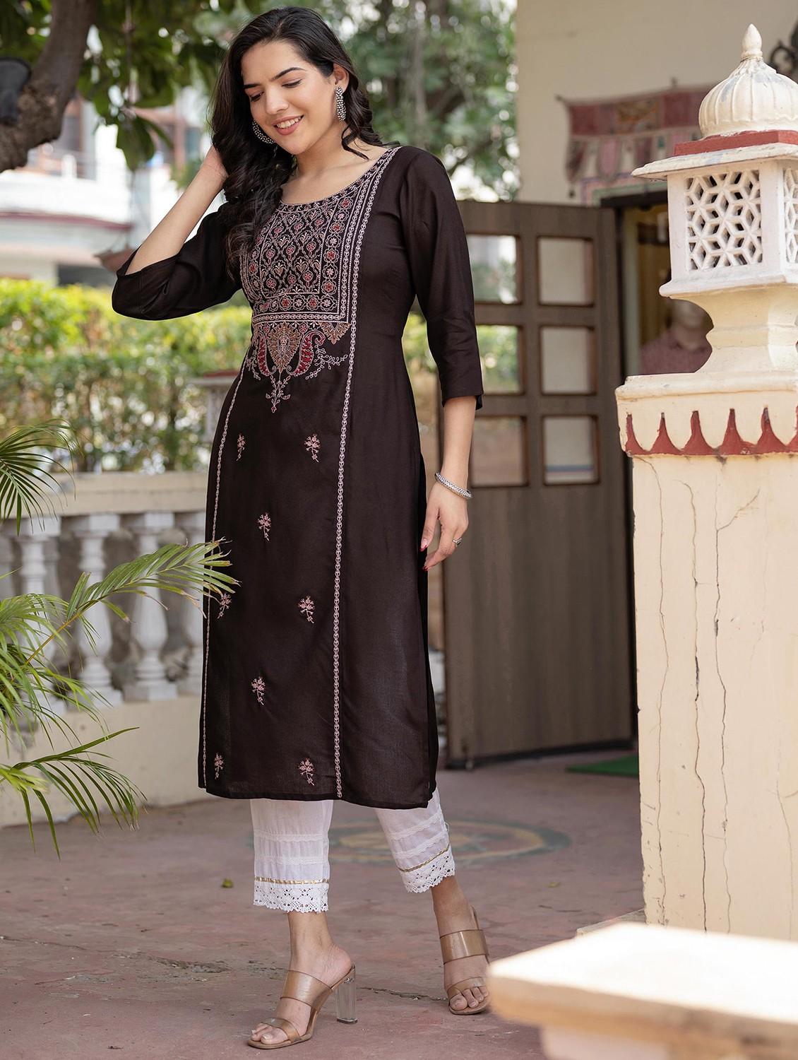 women three quarter sleeve straight kurta - 22014704 - Standard Image - 3