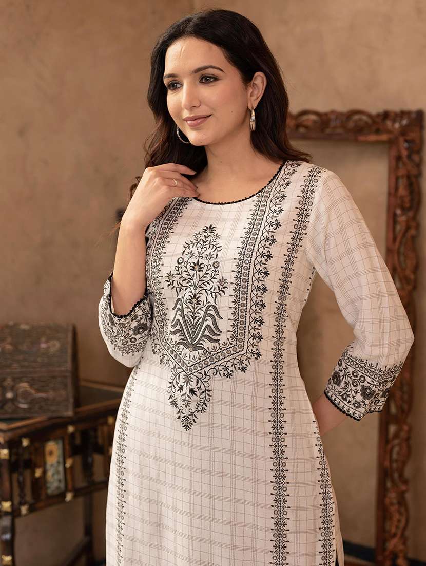 women checkered three quarter sleeve straight kurta - 22014709 -  Standard Image - 3