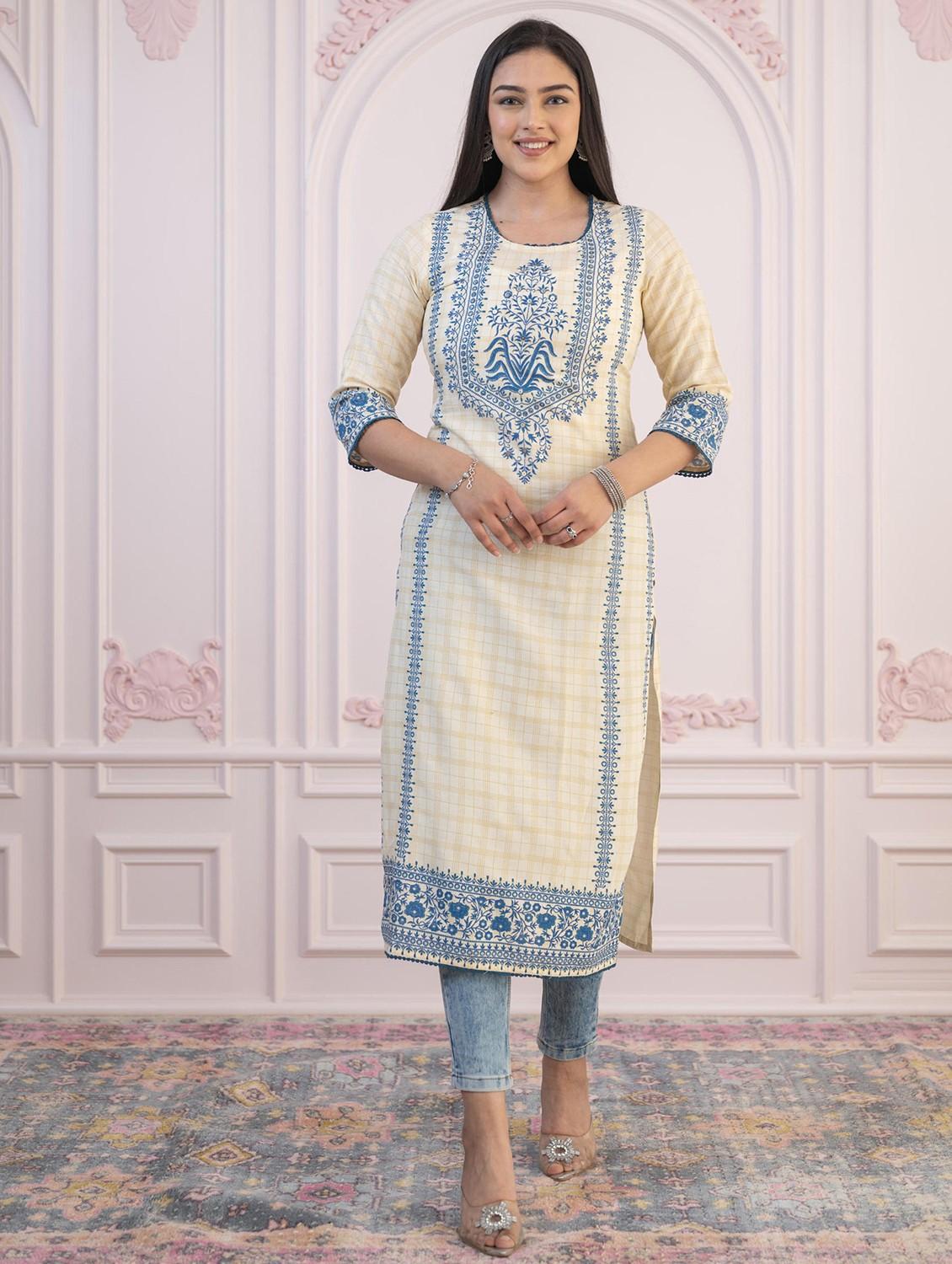 women checkered three quarter sleeve straight kurta