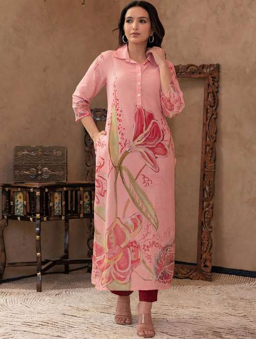 women floral three quarter sleeve straight kurta - 22014713 -  Standard Image - 0
