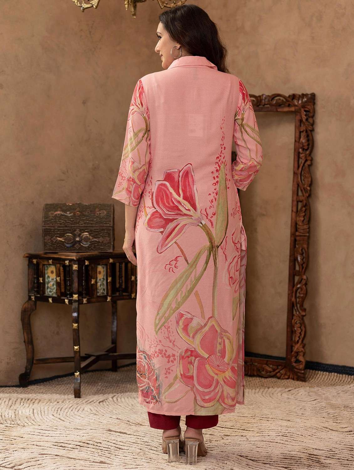 women floral three quarter sleeve straight kurta - 22014713 -  Standard Image - 3