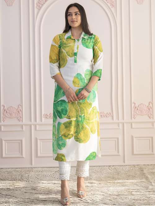 women floral three quarter sleeve straight kurta - 22014716 -  Standard Image - 0