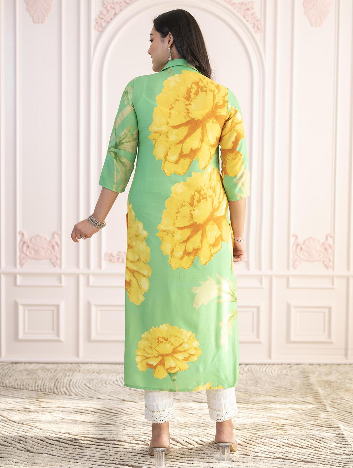 women floral three quarter sleeve straight kurta - 22014717 - Standard Image - 3