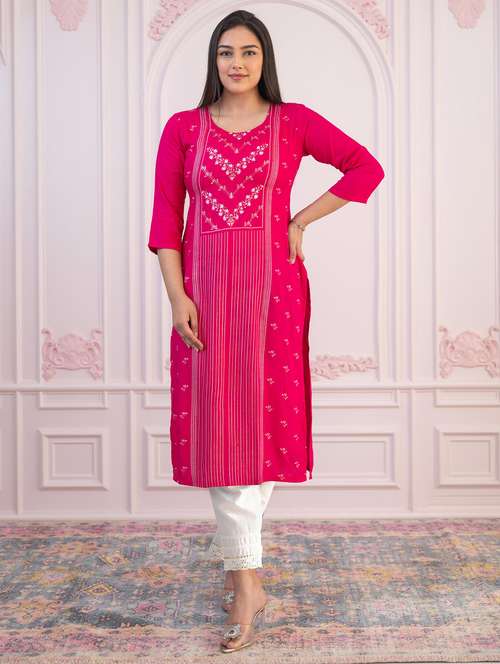 women printed three quarter sleeve straight kurta - 22014719 -  Standard Image - 0
