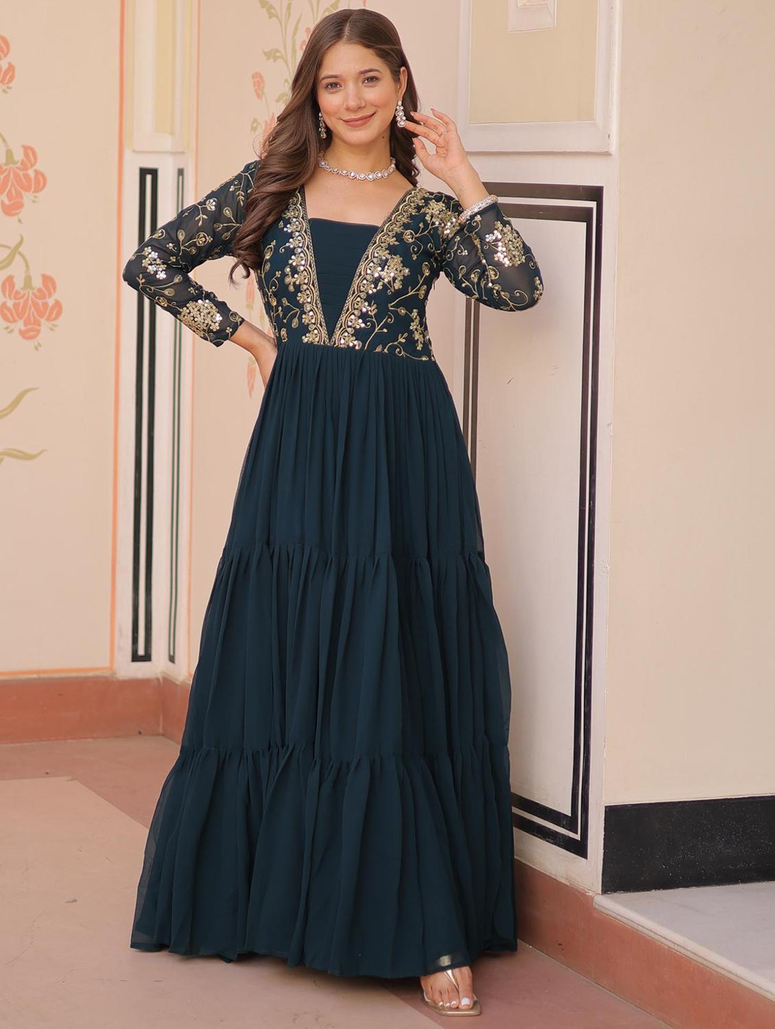 women solid with work square neck tiered ethnic dress - 22014725 - Zoom Image - 0