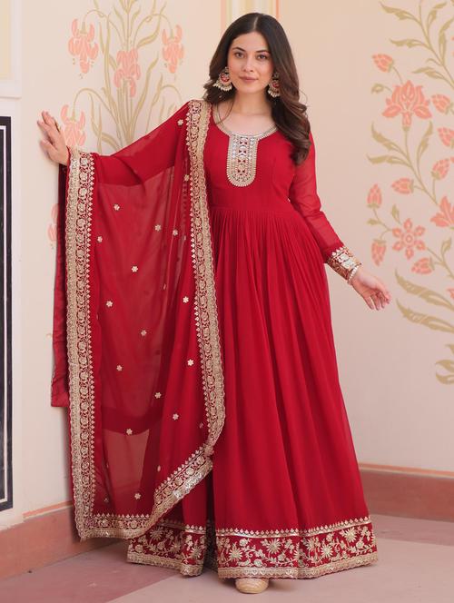 women embroidered long sleeve anarkali kurta dupatta set - 22014726 - Standard Image - 0