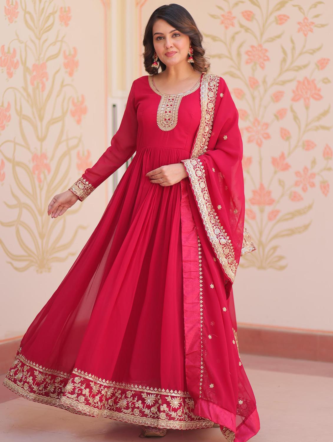 women embroidered long sleeve anarkali kurta dupatta set